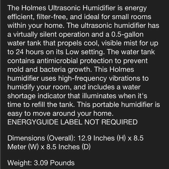 New! Holmes 0.5gal Virtually Silent Ultrasonic
Cool Mist Humidifier - Picture 7 of 7